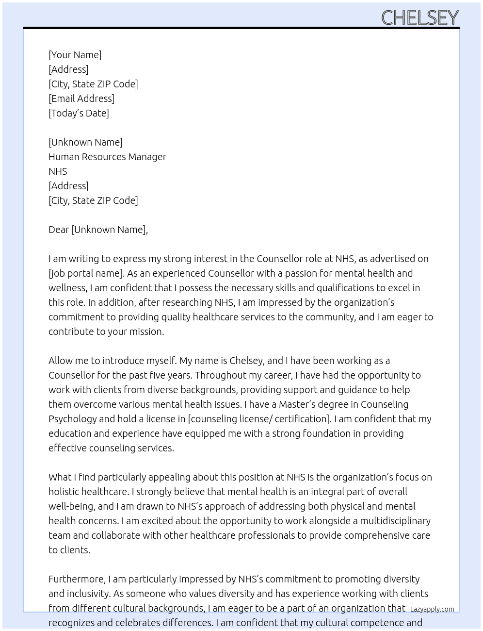 Counsellor At NHS Cover Letter