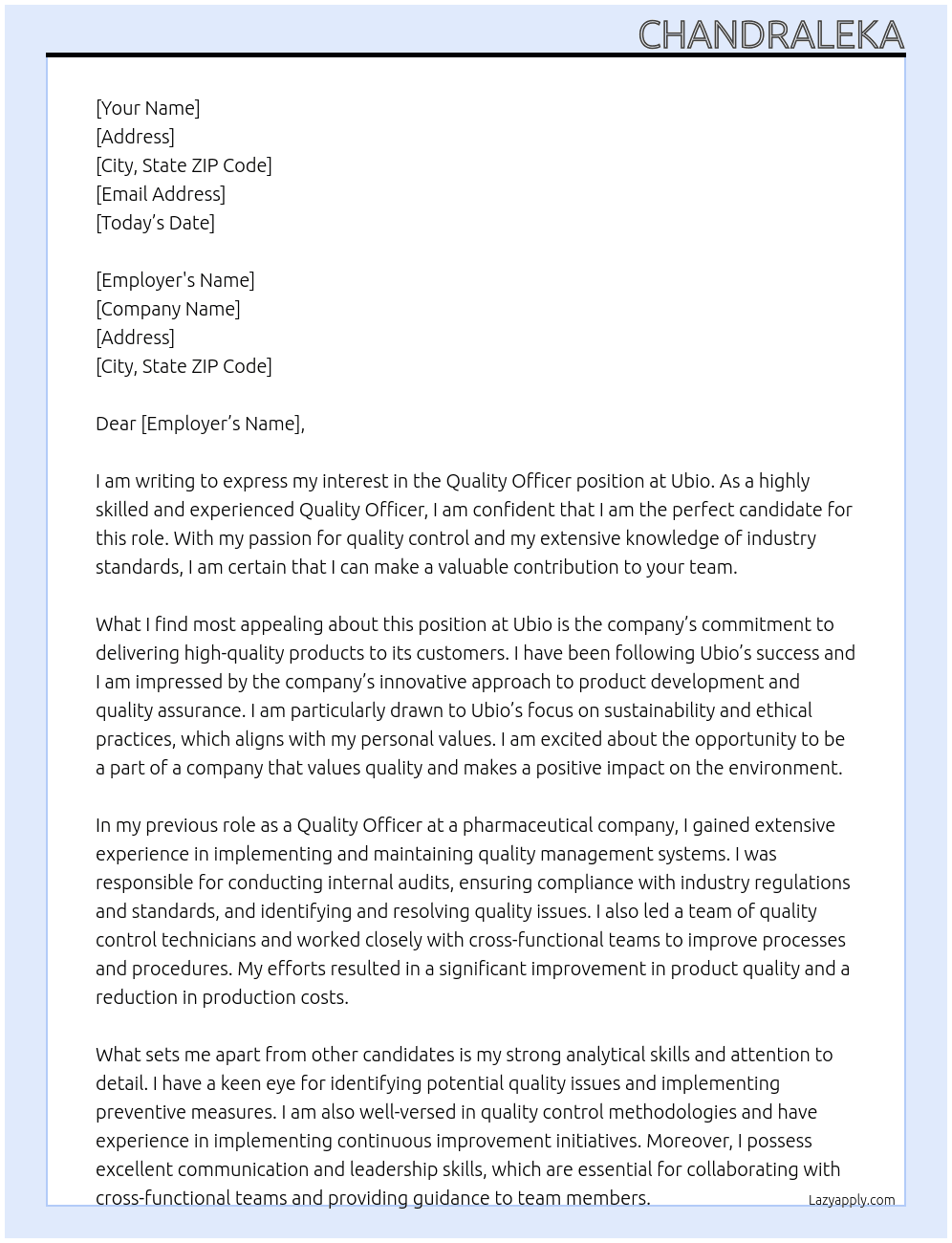 Quality Officer  At Ubio  Cover Letter