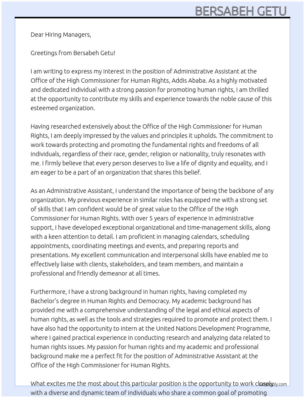 Administrative Assistant  At Office of the High UN ,Commissioner for Human Rights Cover Letter