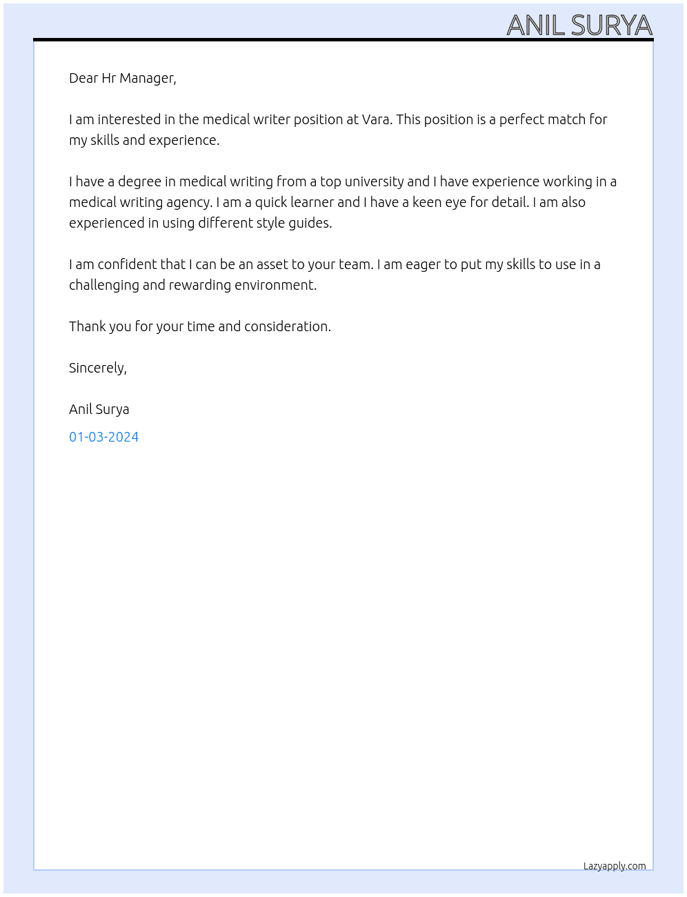 Medical writer At Vara Cover Letter