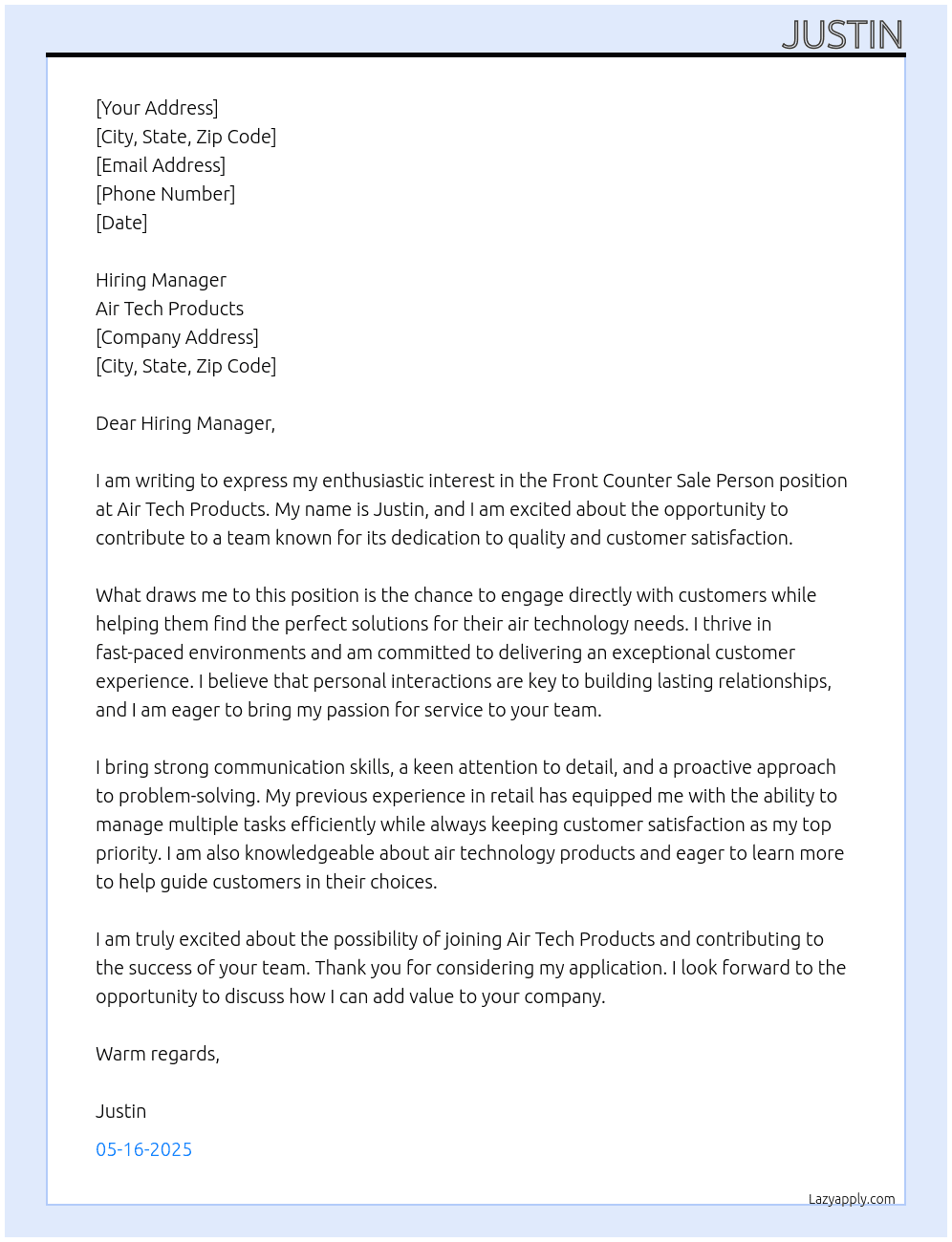 Front Counter Sale Person At Air Tech Products Cover Letter