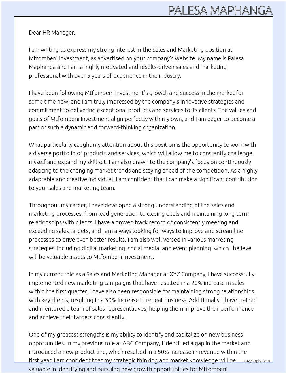 sales and marketing At mtfombeni investment Cover Letter