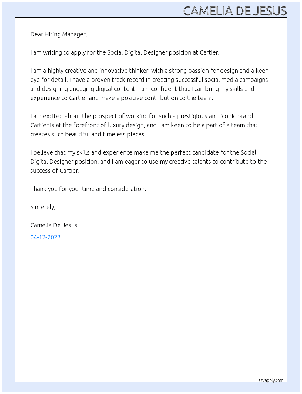Social Digital Designer At Cartier Cover Letter