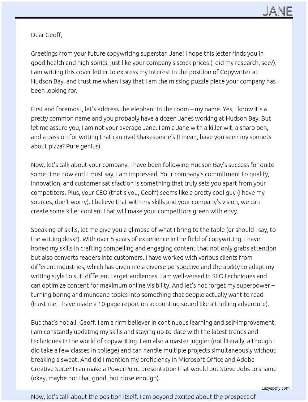 copywriter At hudson bay Cover Letter