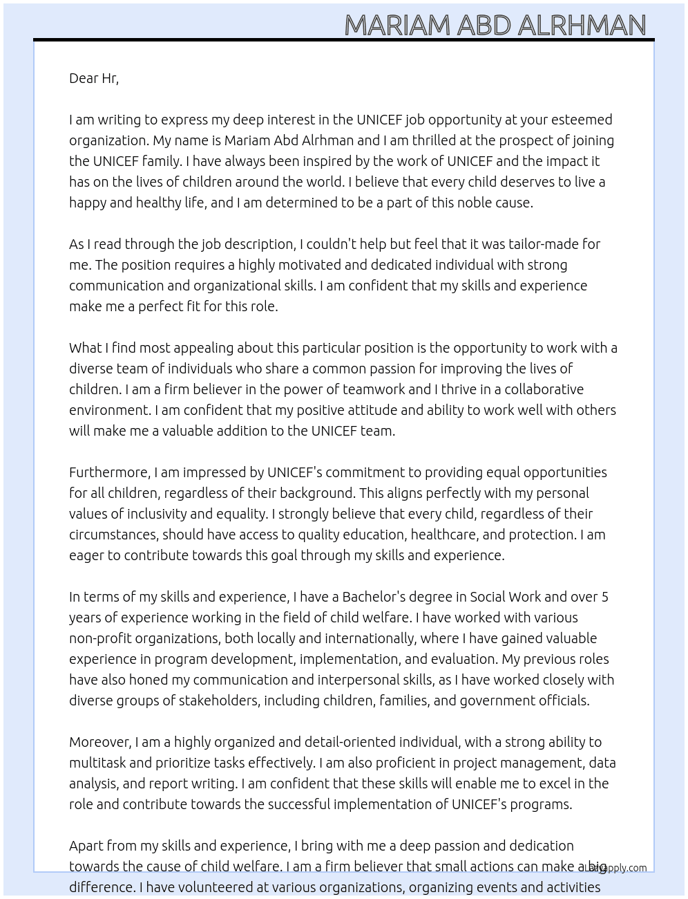 Cover letter for unicef job opportunity - LazyApply