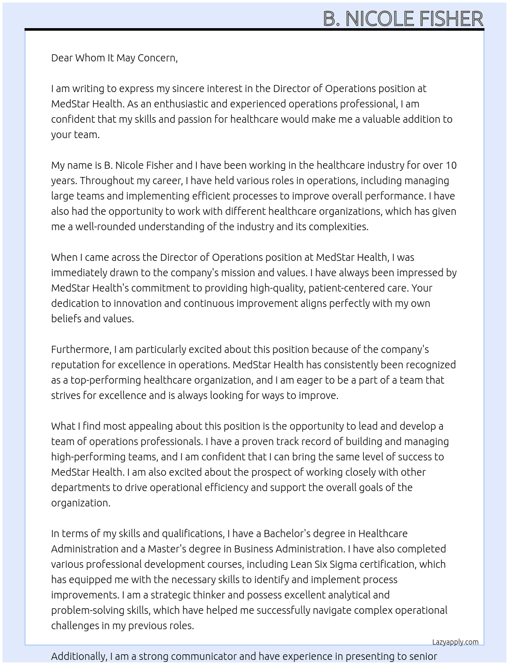 Director Operations At MedStar Health Cover Letter