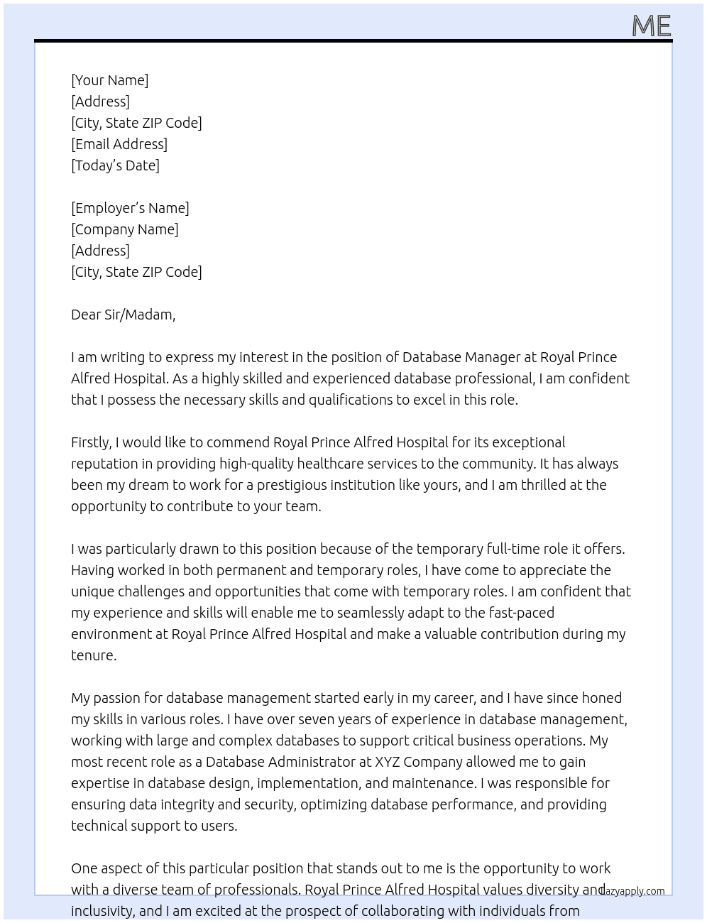 Database Manager At Royal Prince Alfred Hospital Cover Letter