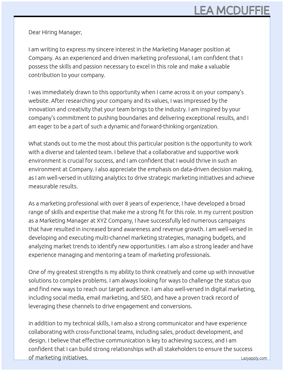 Marketing Manager At Company Cover Letter