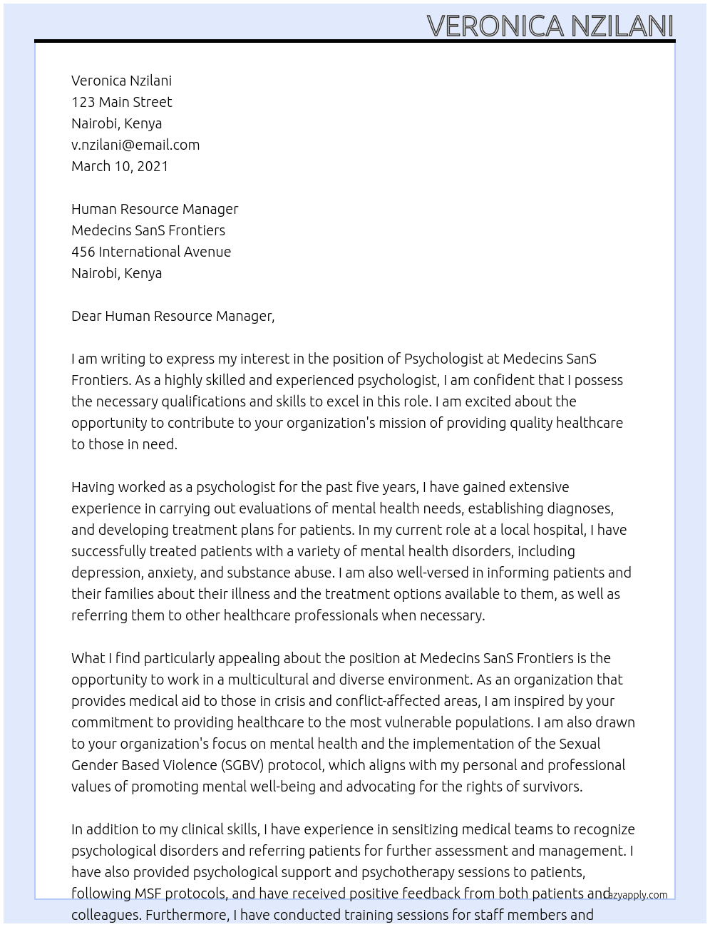 psychologist At Medecins SanS Frontiers Cover Letter