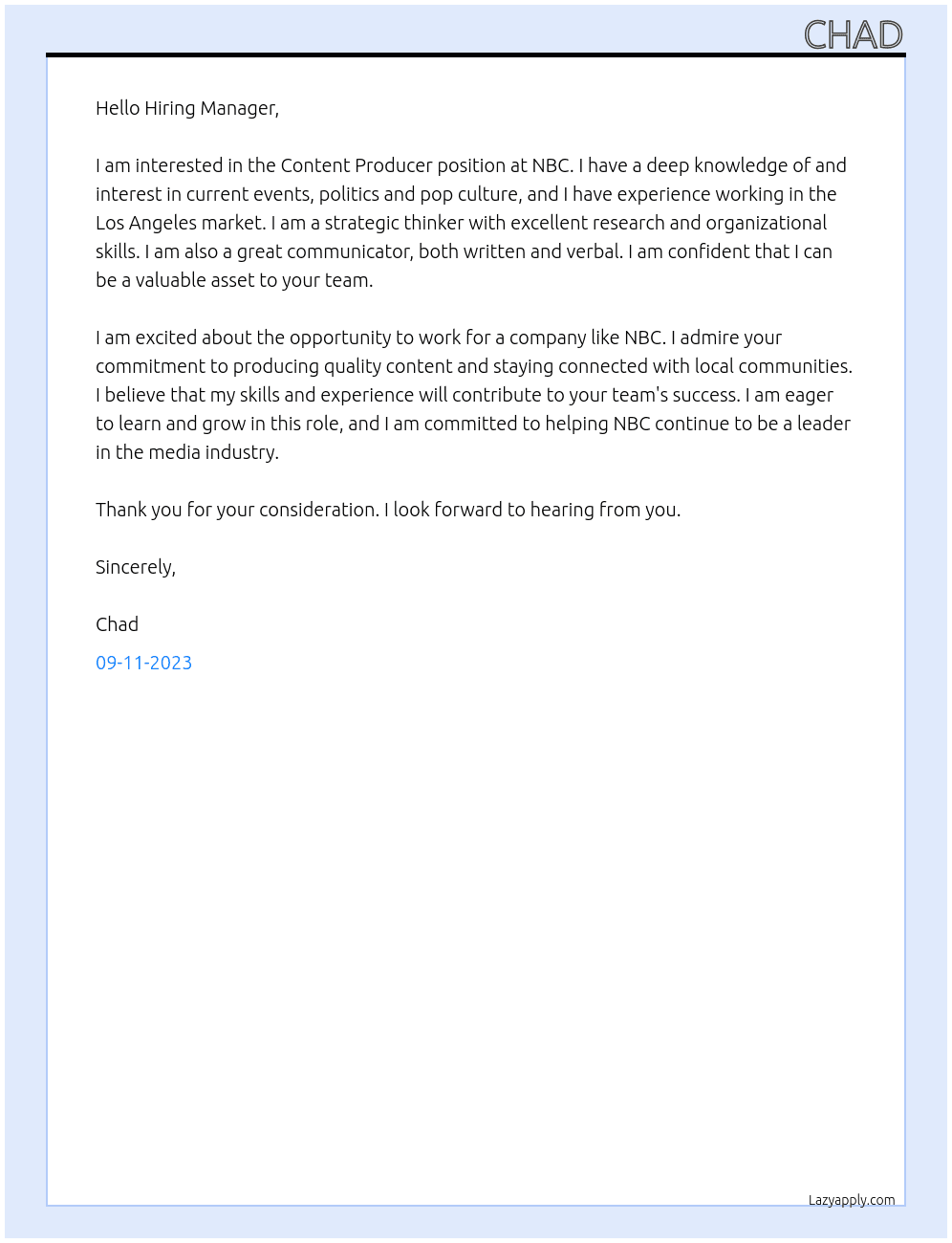 Content Producer At NBC Cover Letter