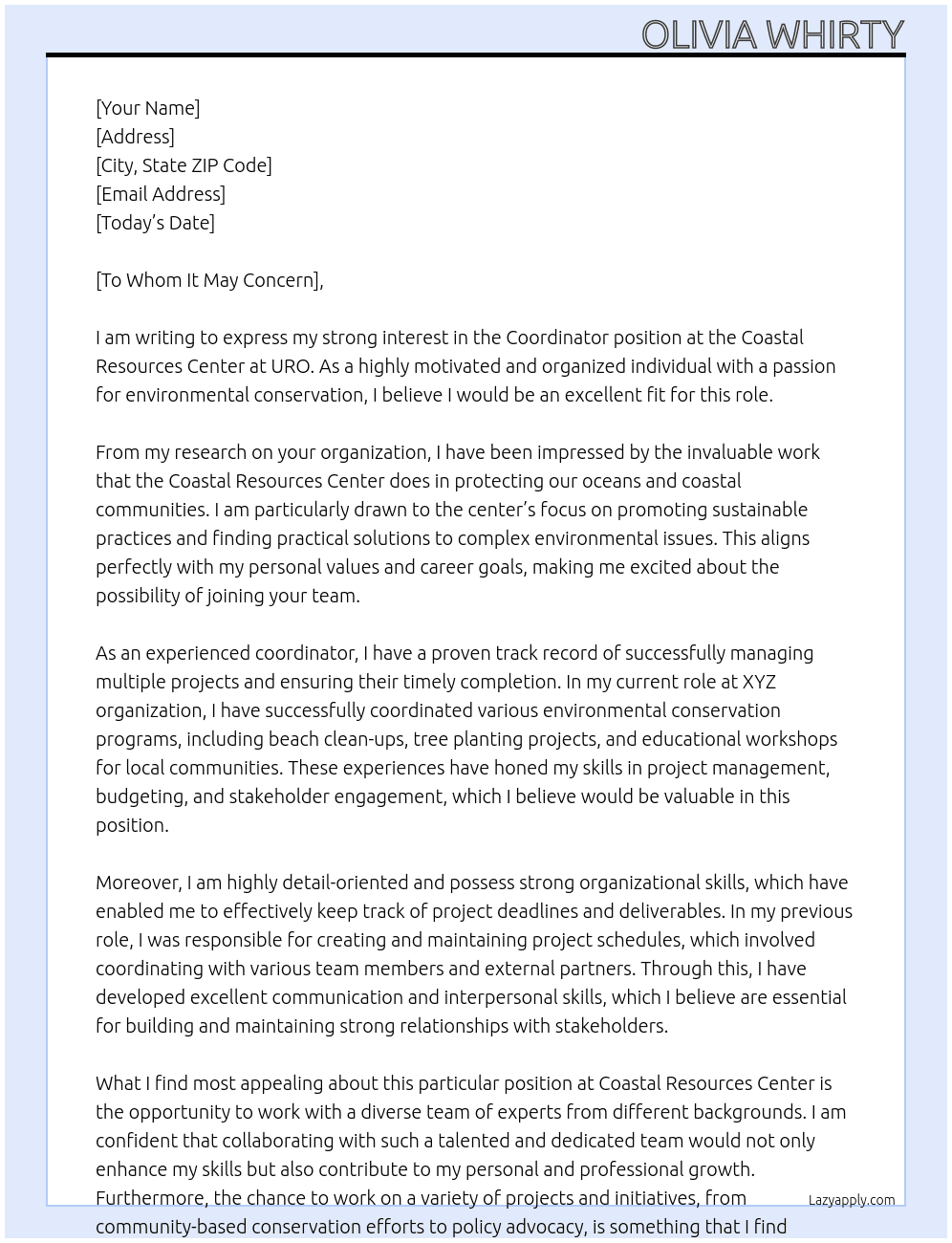 Coordinator At Coastal Resources Center at URO Cover Letter