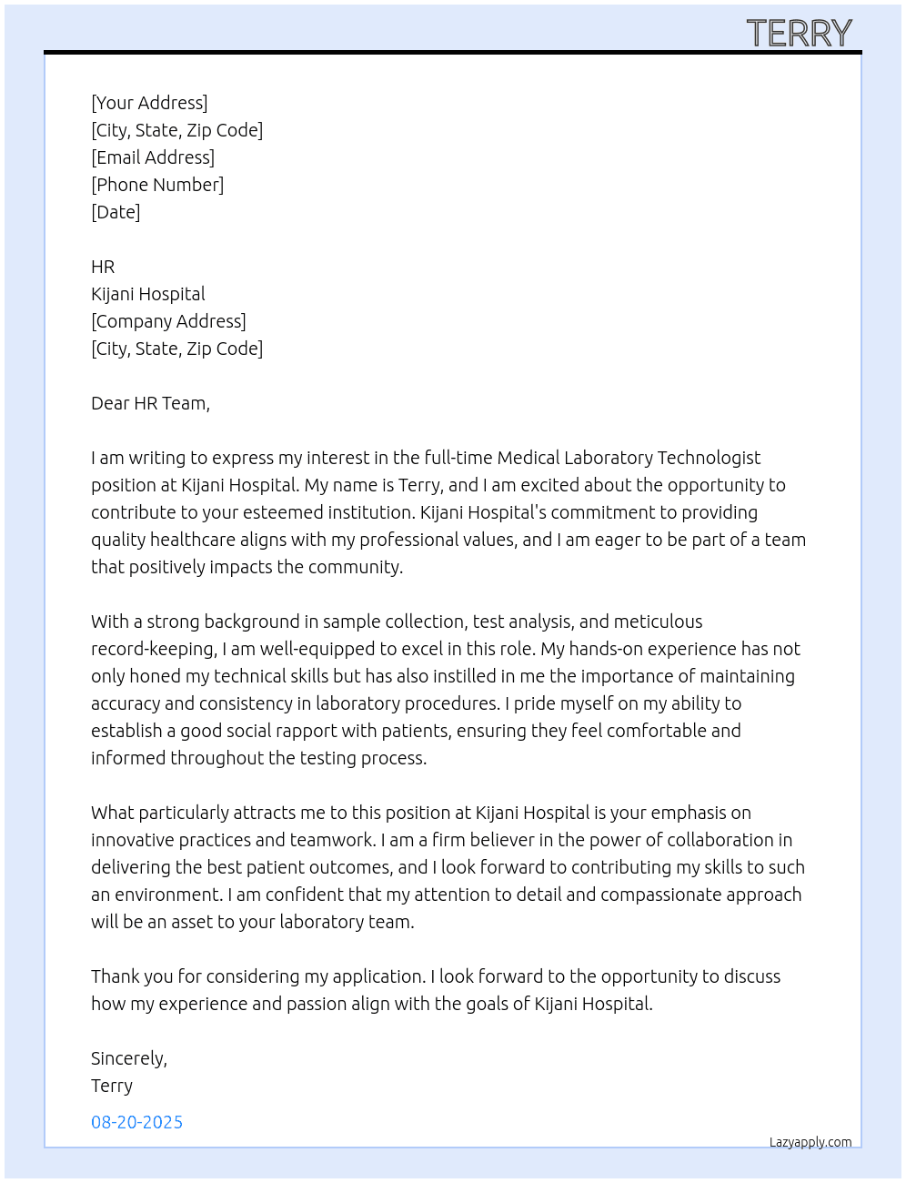 Medical laboratory technologist  At Kijani Hospital  Cover Letter
