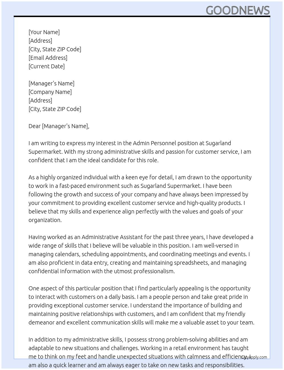 Admin personnel  At Sugarland supermarket  Cover Letter