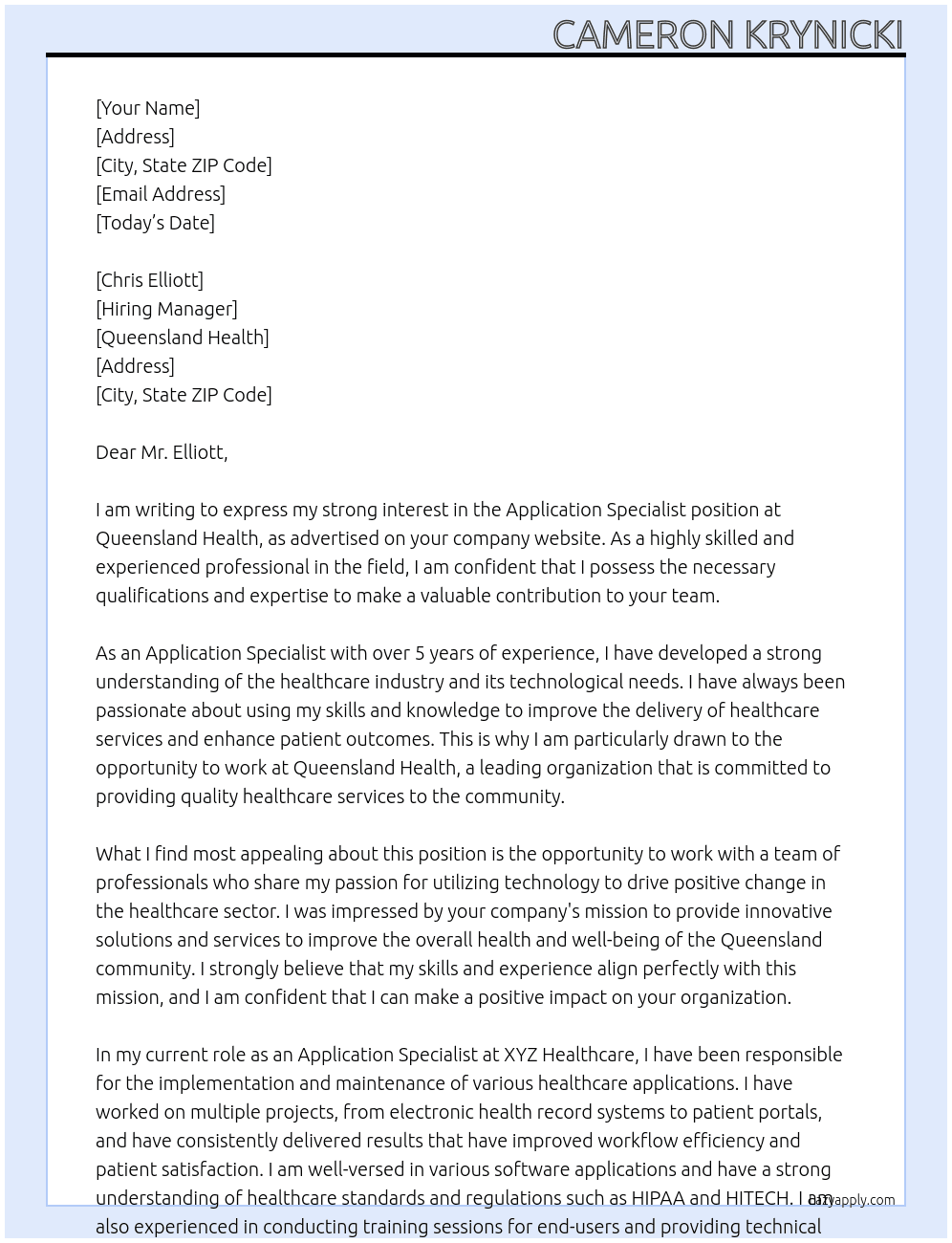 Application Specialist At Queensland Health Cover Letter
