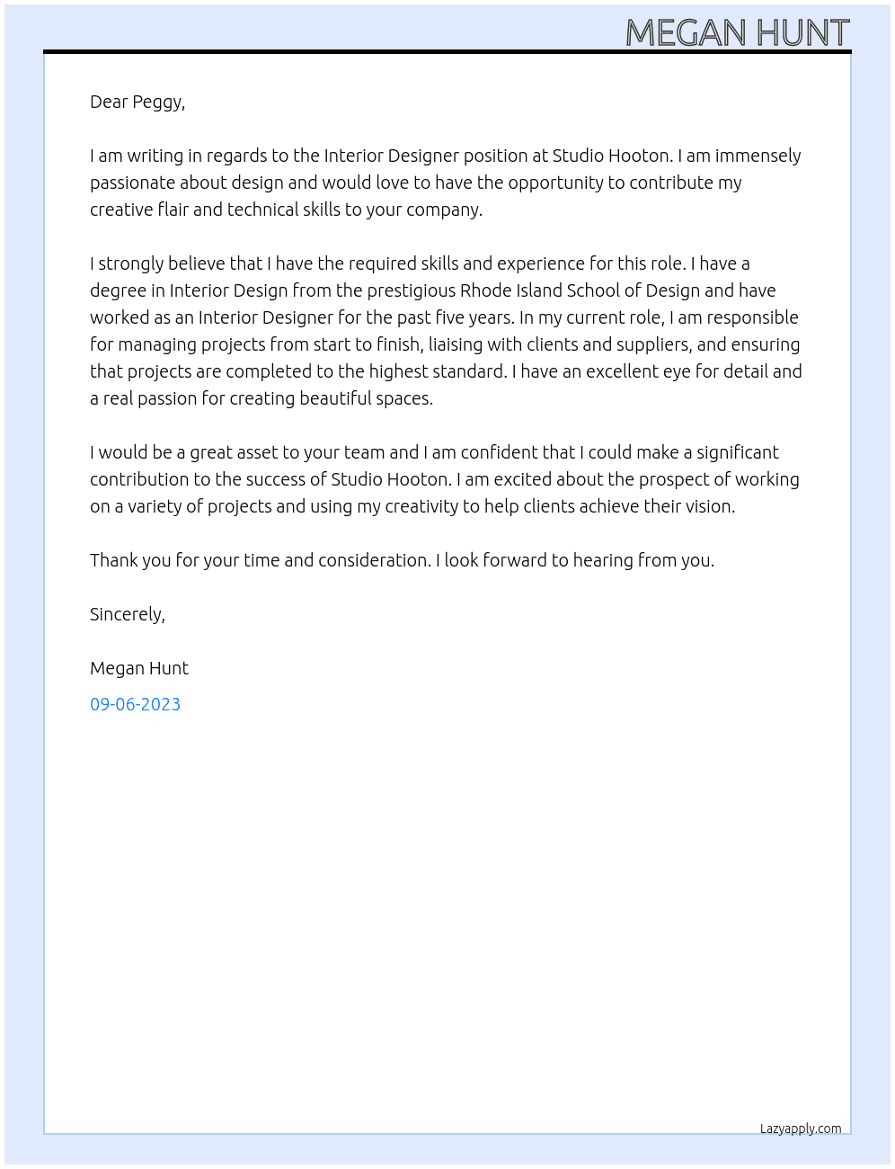 Interior Designer At Studio Hooton Cover Letter