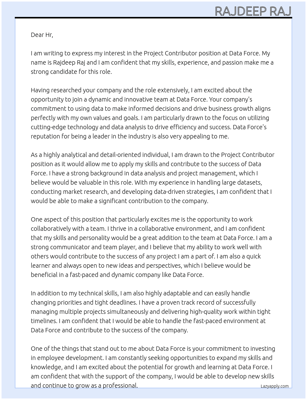 Project Contributor At Data force Cover Letter