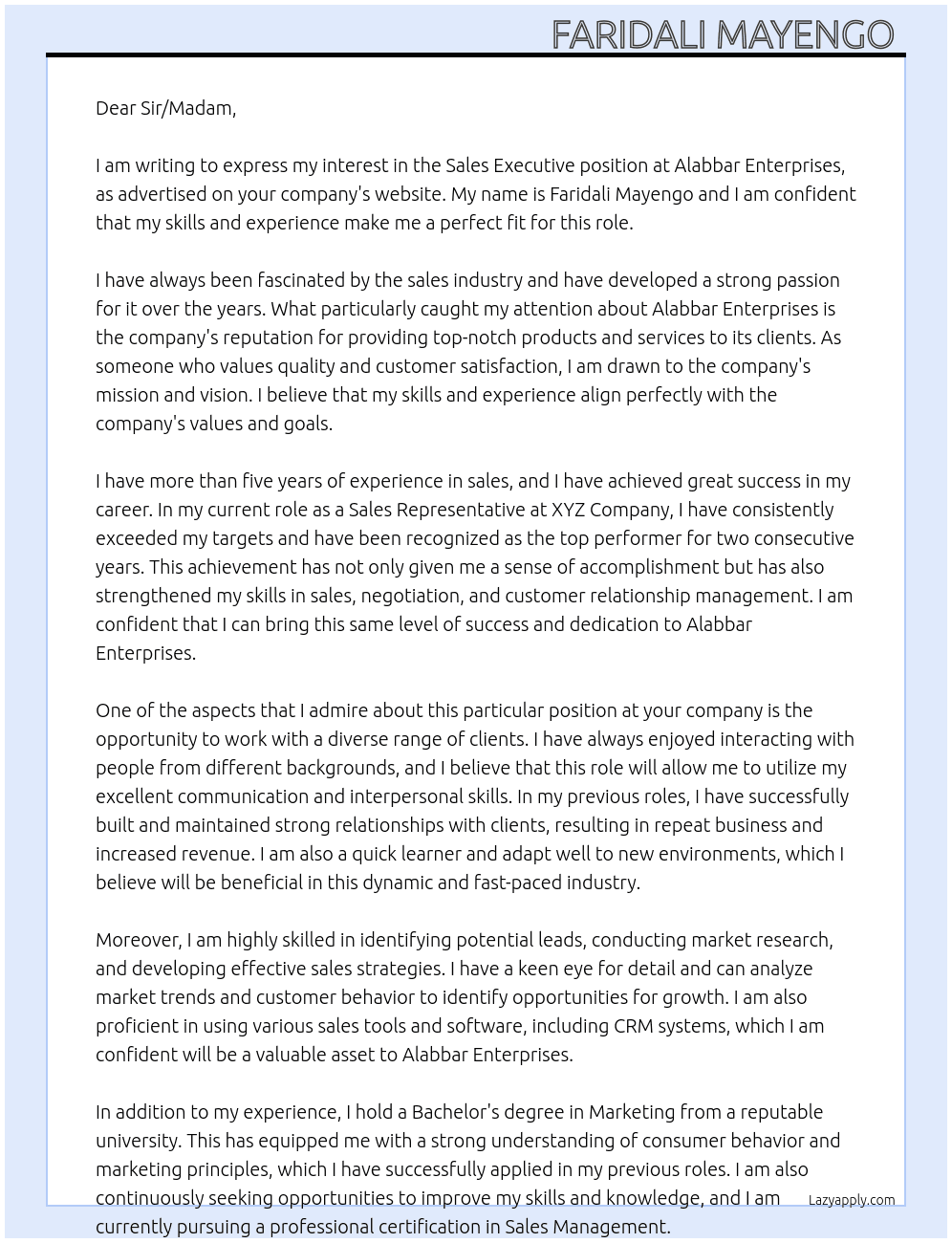 Sales Executive  At Alabbar enterprises Cover Letter