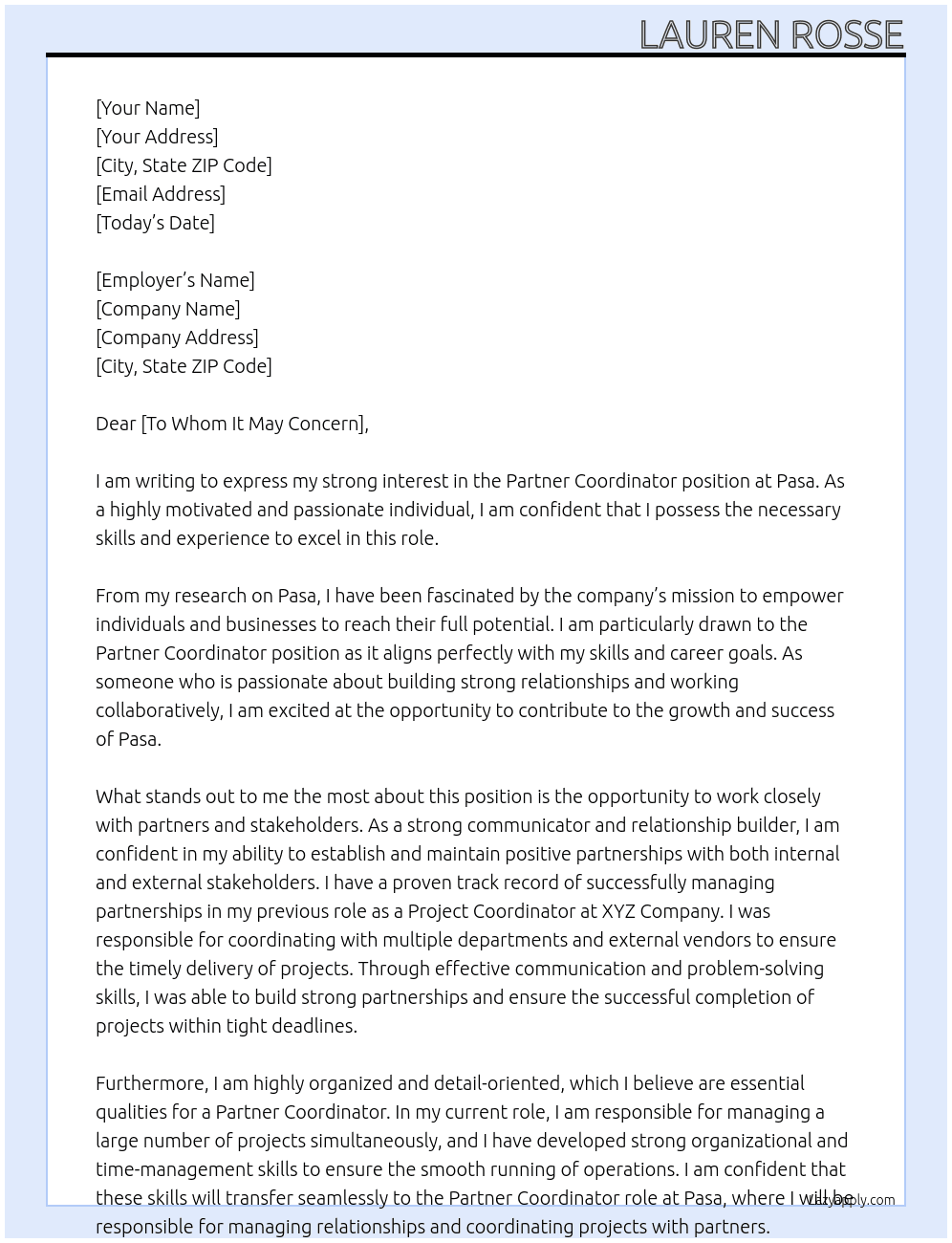 Partner Coordinator At Pasa Cover Letter