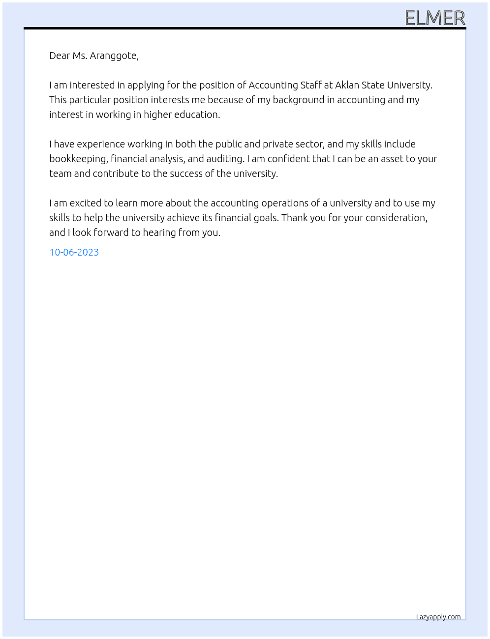 Accounting Staff At Aklan State University Cover Letter