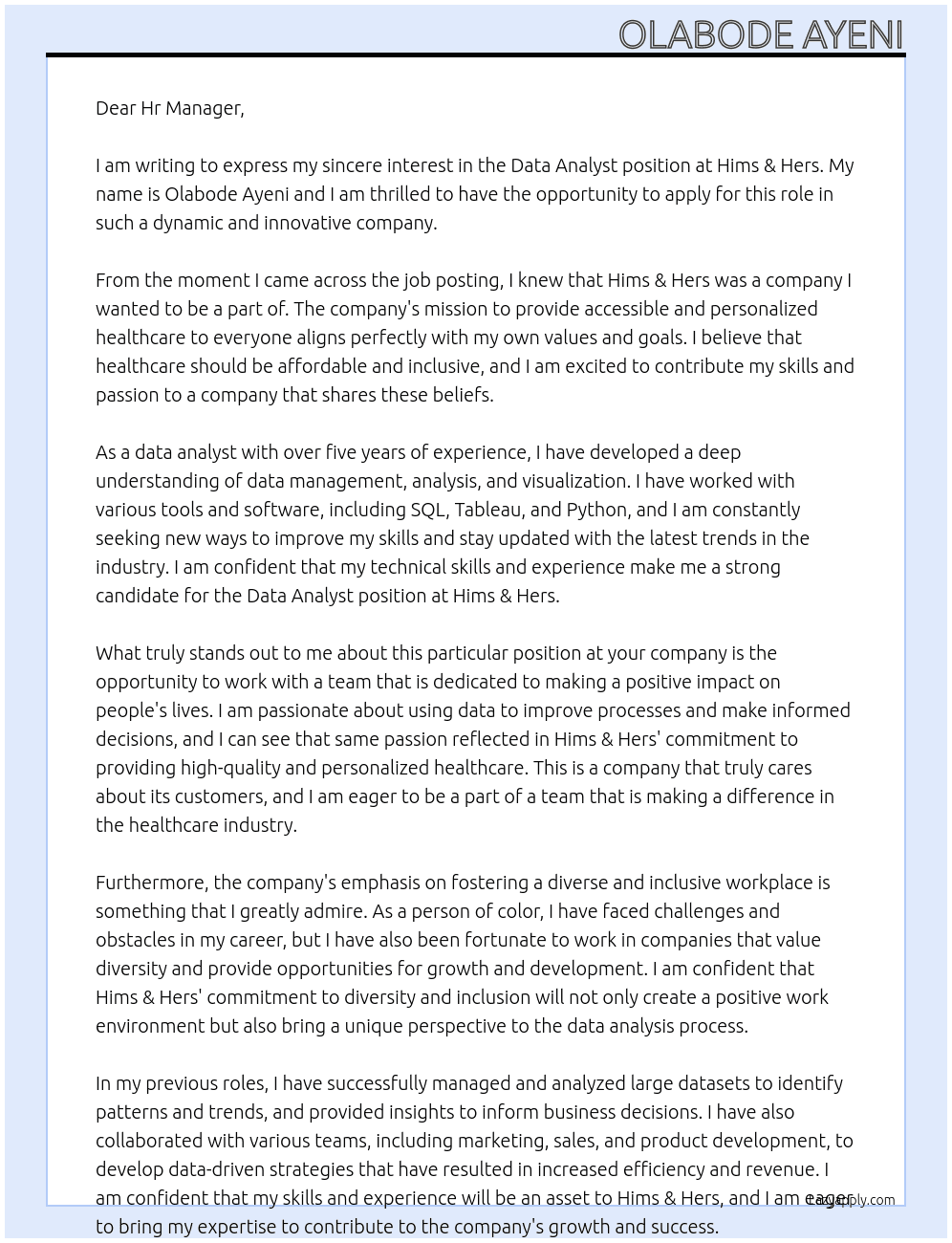 Data Analyst At Hims & Hers Cover Letter
