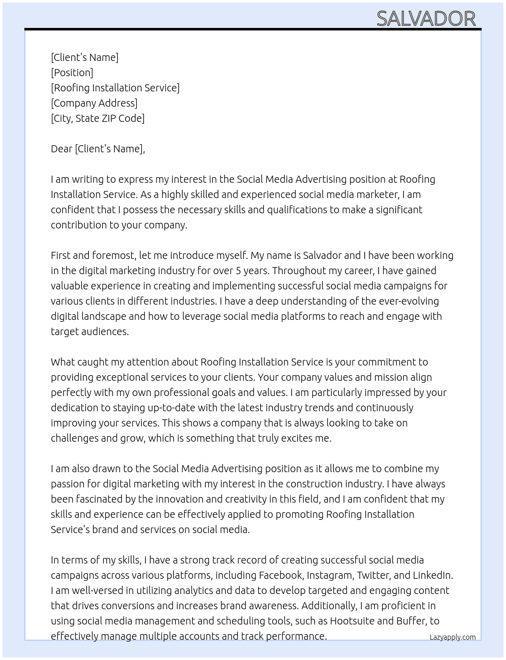social media advertising At roofing installation service Cover Letter
