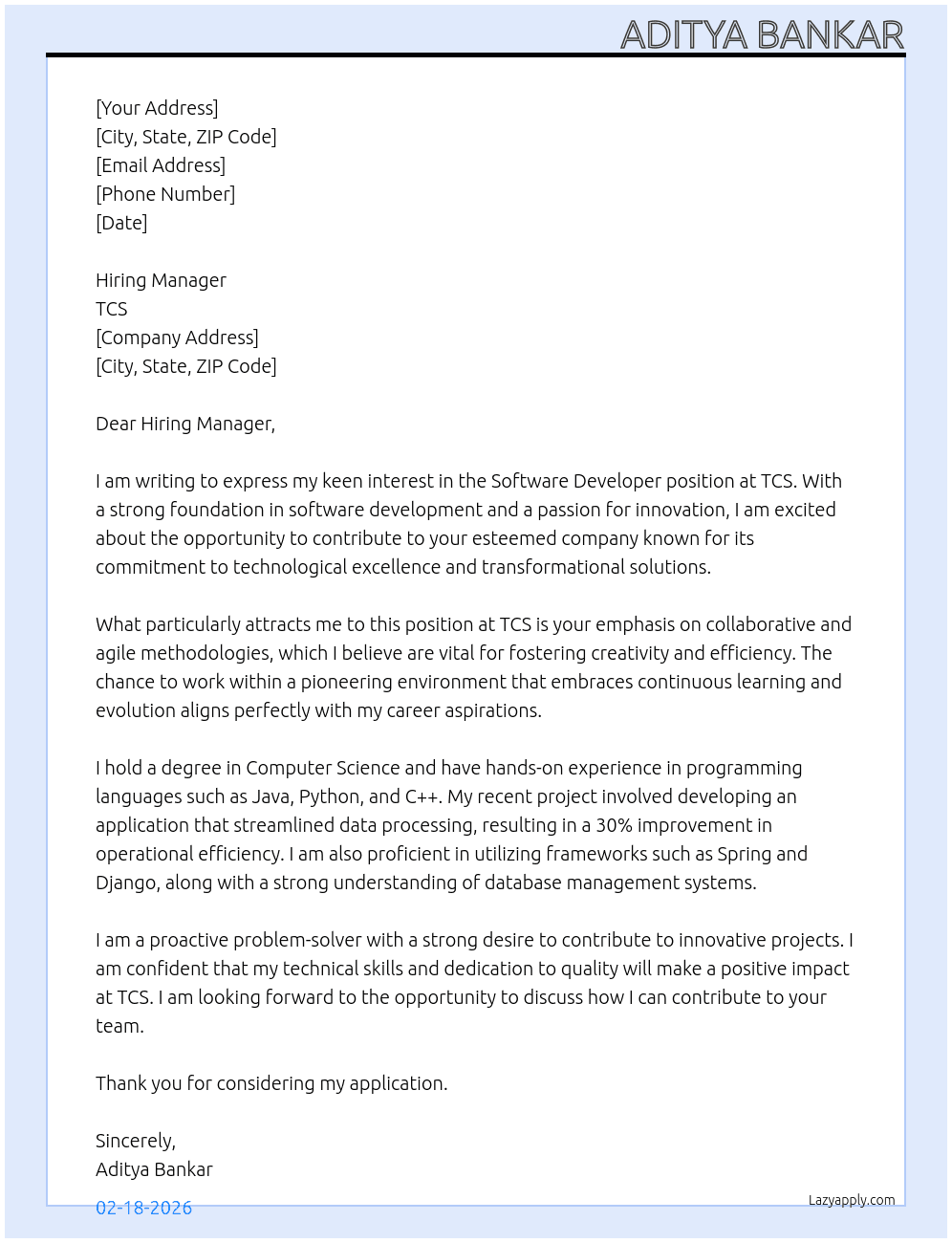 Software Developer At TCS Cover Letter