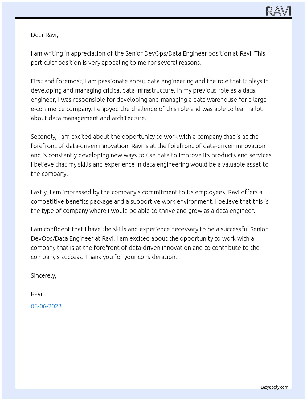 Senior DevOps/Data Engineer At Ravi Cover Letter