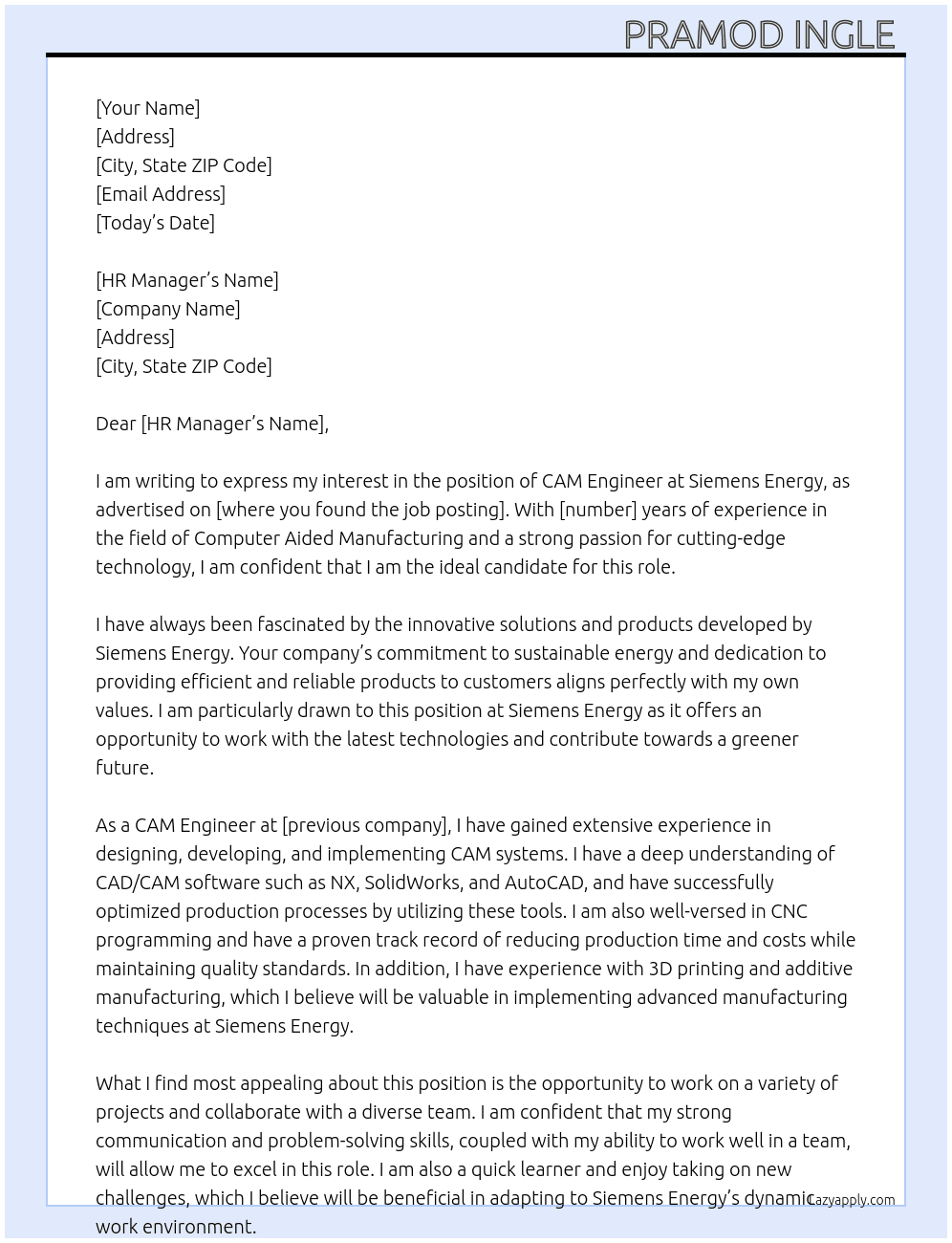 CAM Engineer  At Siemens energy  Cover Letter