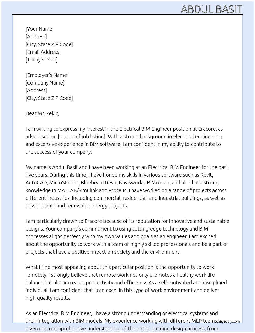 Electrical BIM Engineer At Eracore Cover Letter