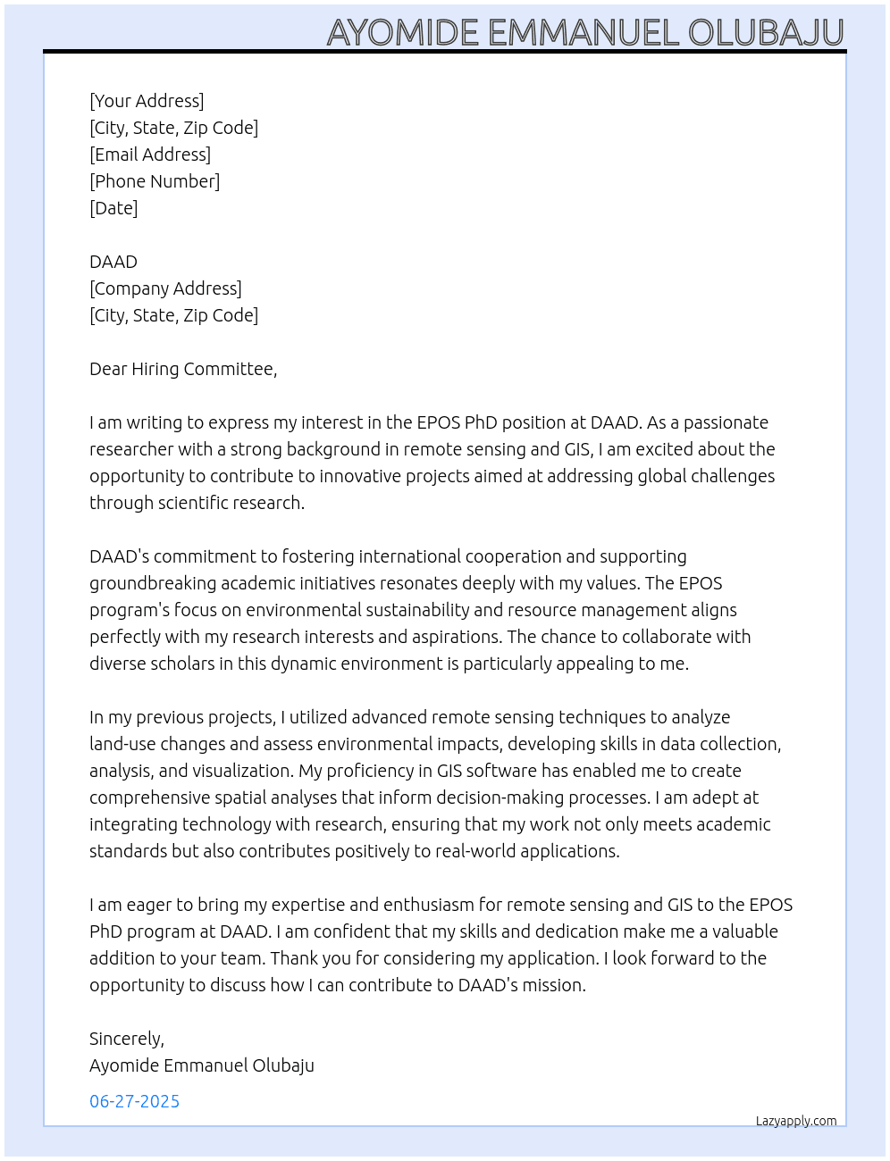 Cover letter for epos phd - LazyApply