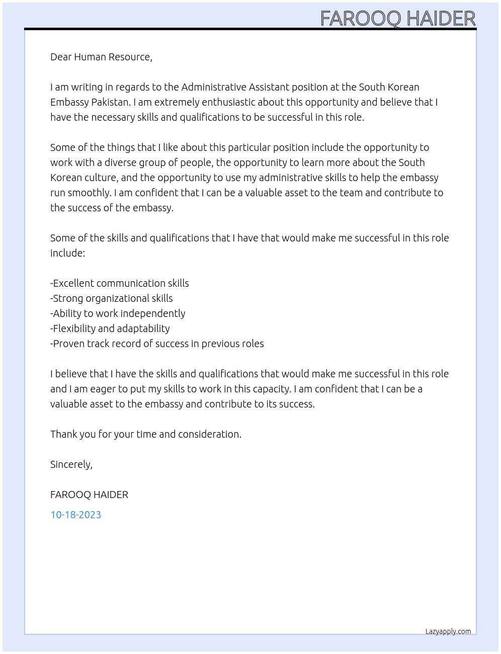 Administrative Assistant At South Korean Embassy Pakistan Cover Letter