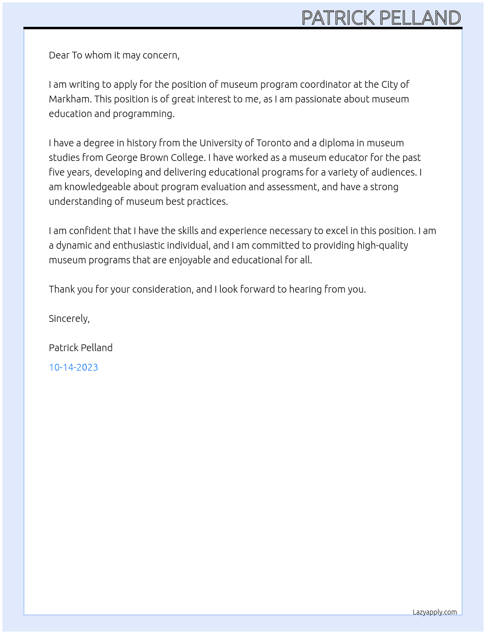 museum program coordinator At City of Markham Cover Letter