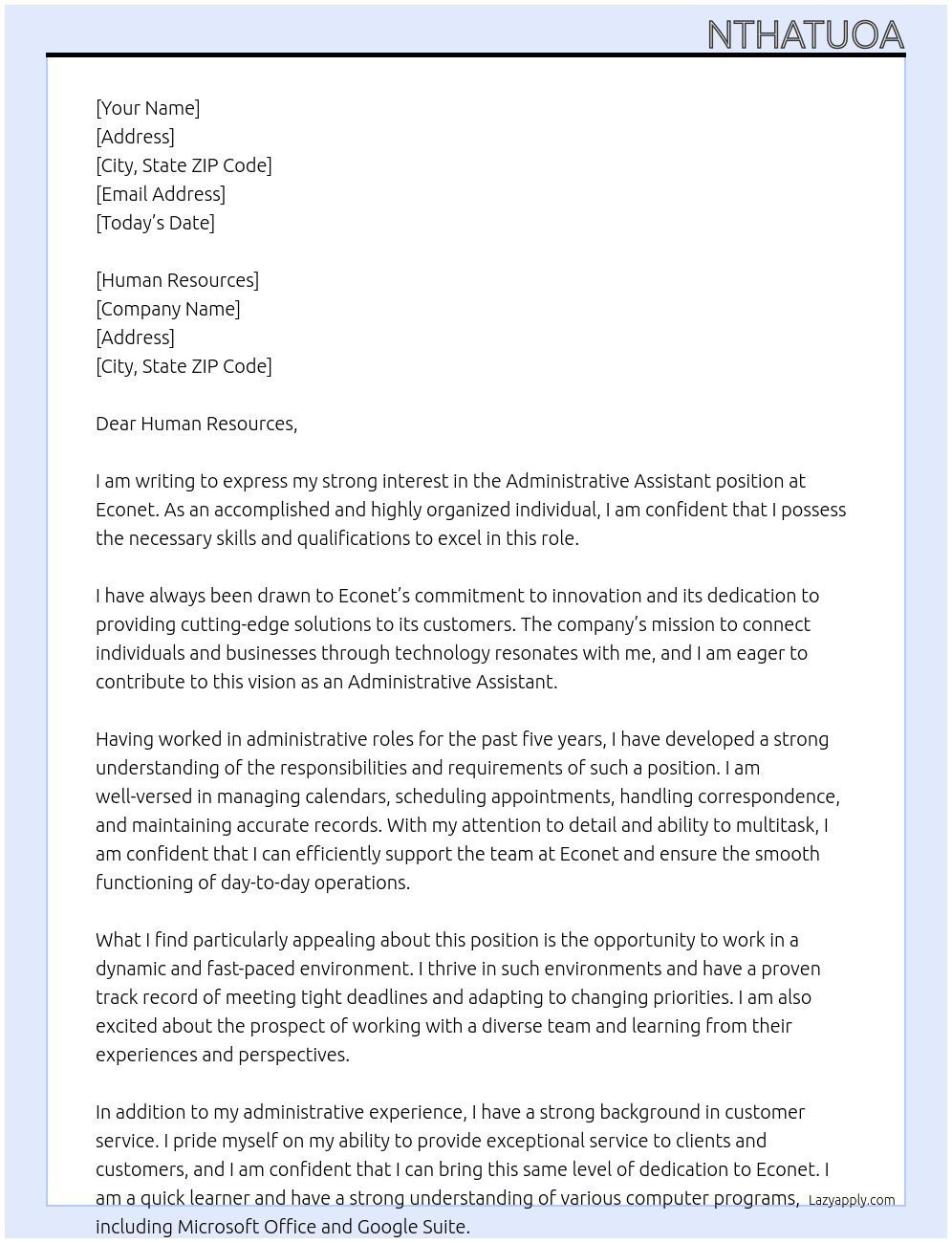 Administrative Assistant  At Econet Cover Letter