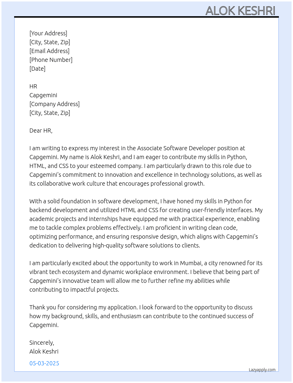 Associate Software Developer At Capegameni Cover Letter