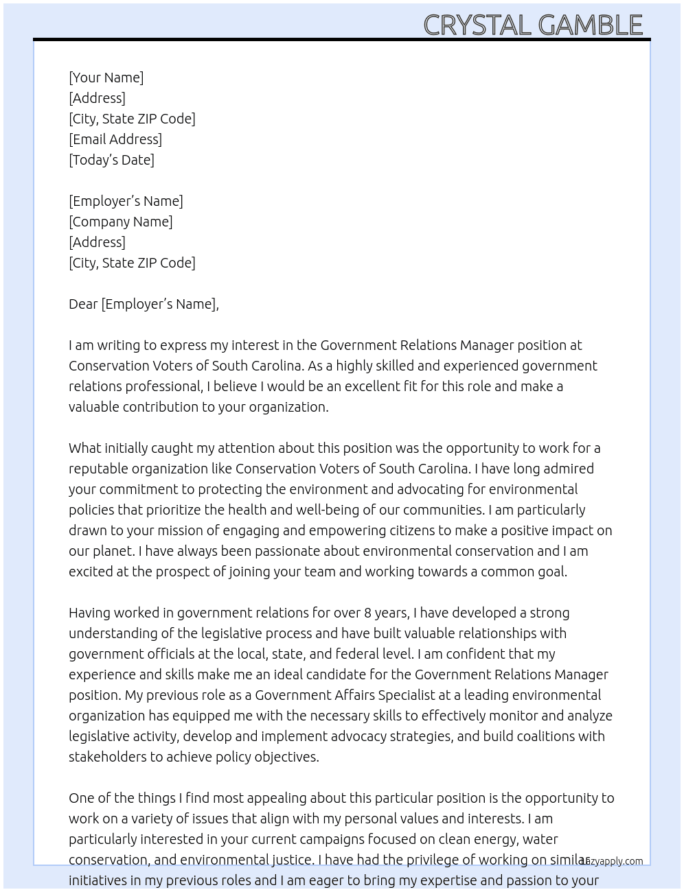 Government Relations Manager At Conservation Voters of South Carolina Cover Letter