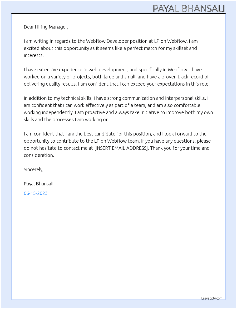 Webflow Developer At LP on Webflow Cover Letter