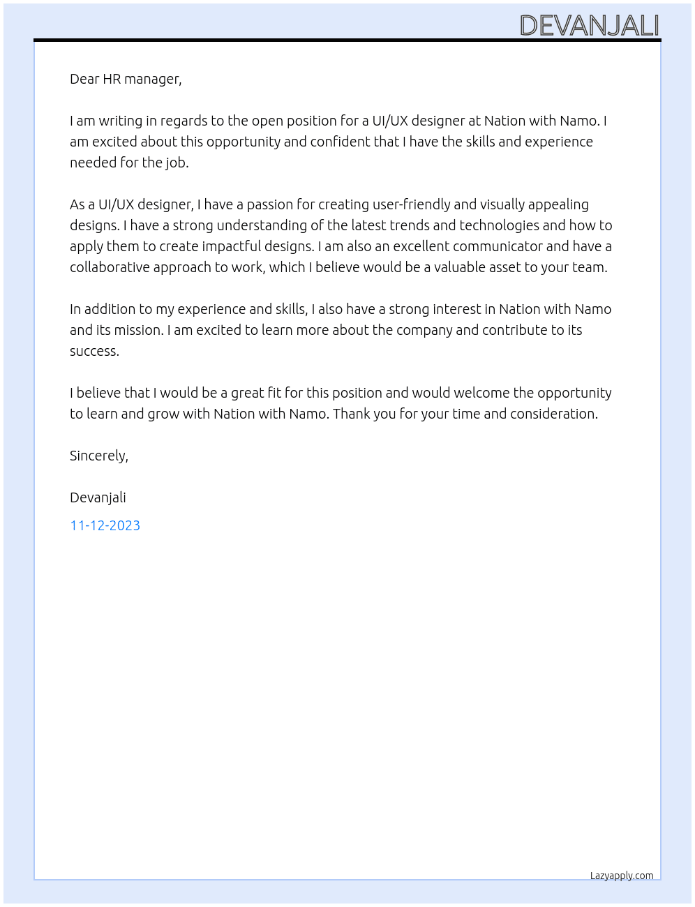 ui ux designer At nation with namo Cover Letter