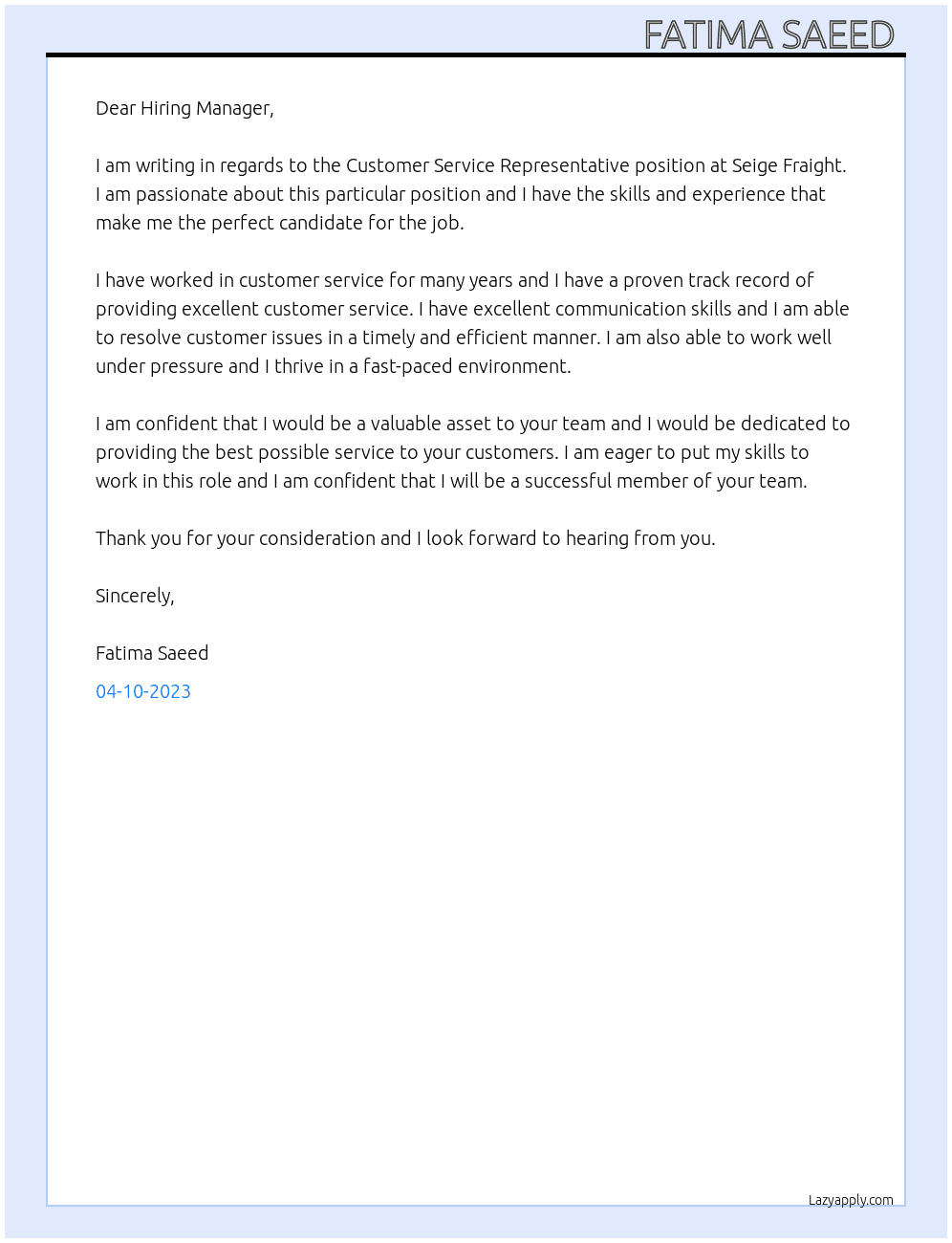 Customer Service Representative  At Seige Fraight  Cover Letter