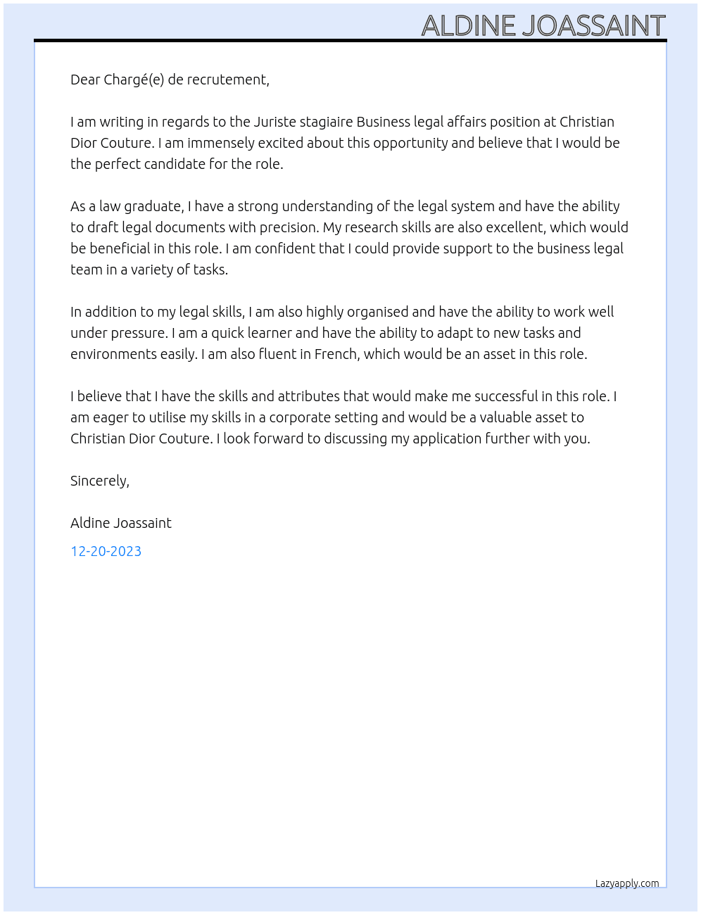 Juriste stagiaire Business legal affairs At Christian Dior Couture Cover Letter