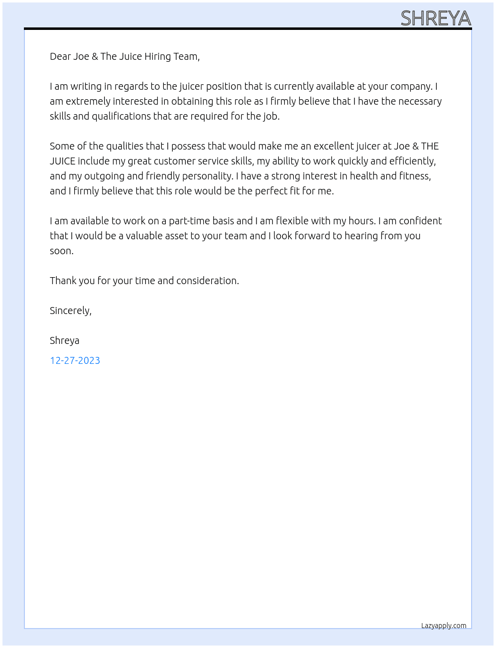 Juicer  At Joe & THE JUICE  Cover Letter