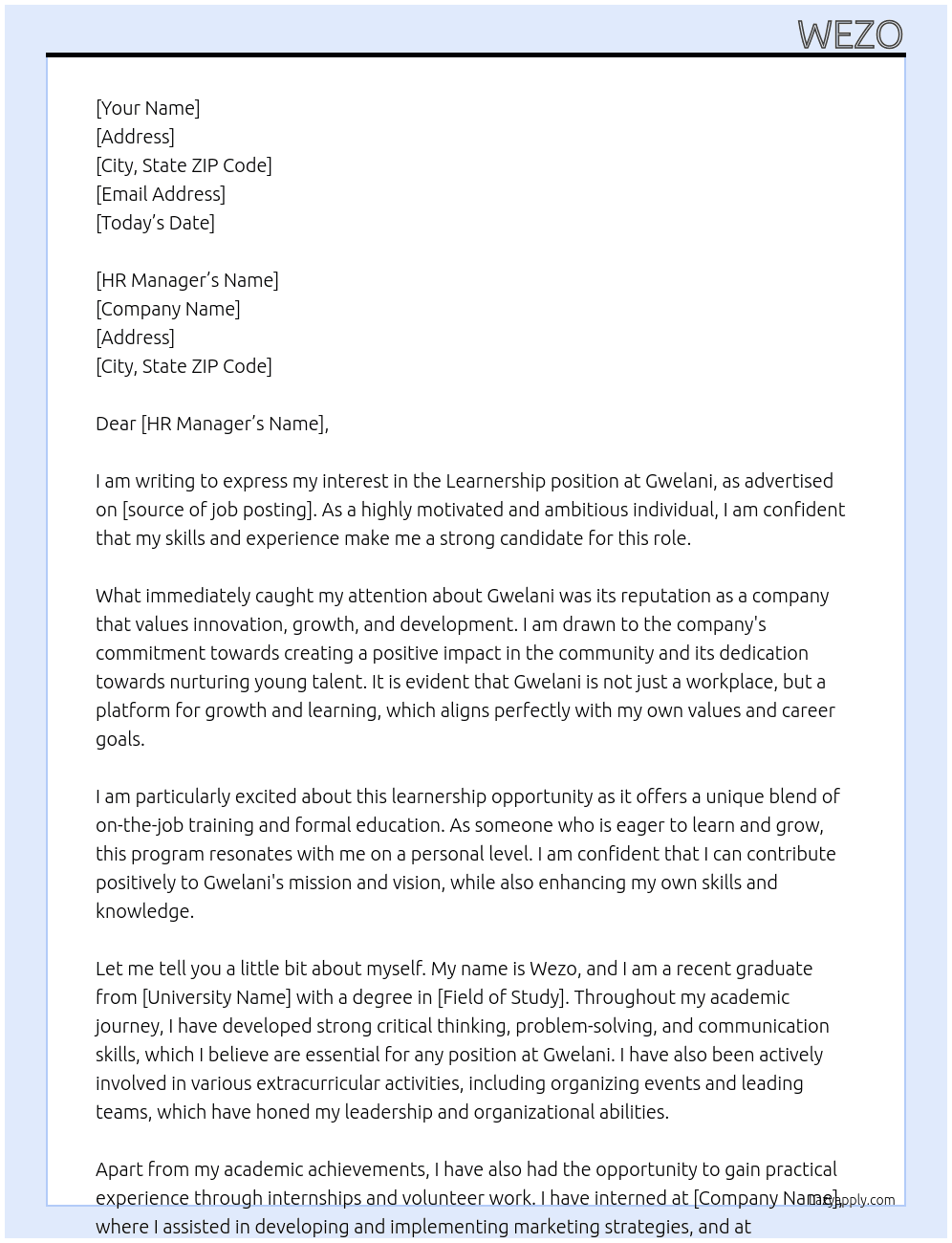 Learnership At Gwelani Cover Letter