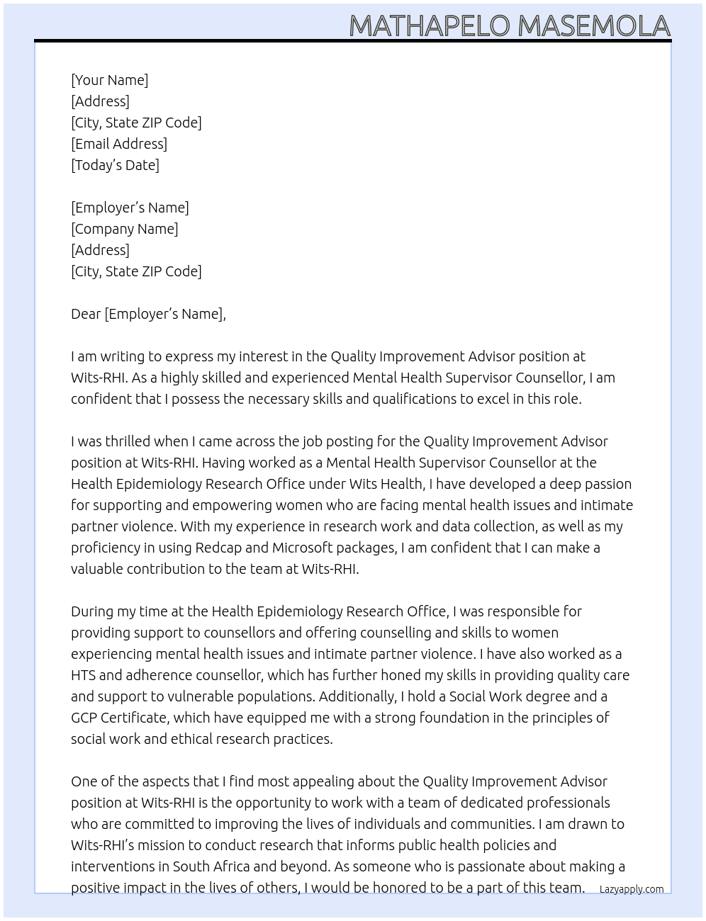Quality Improvement Advisor At Wits-RHI Cover Letter