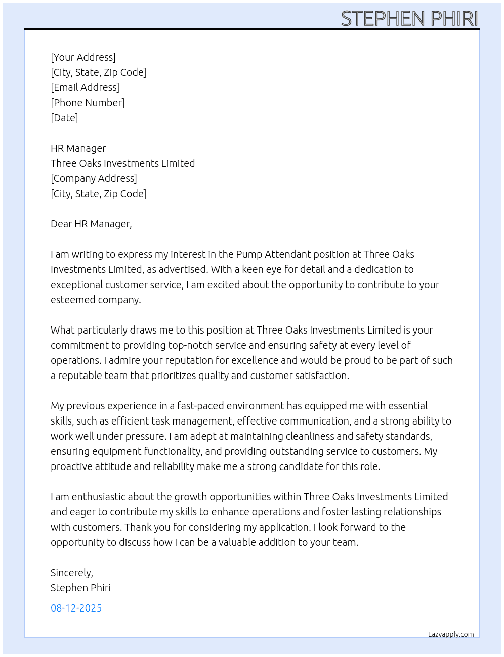 pump attendant At three oaks investments limited Cover Letter