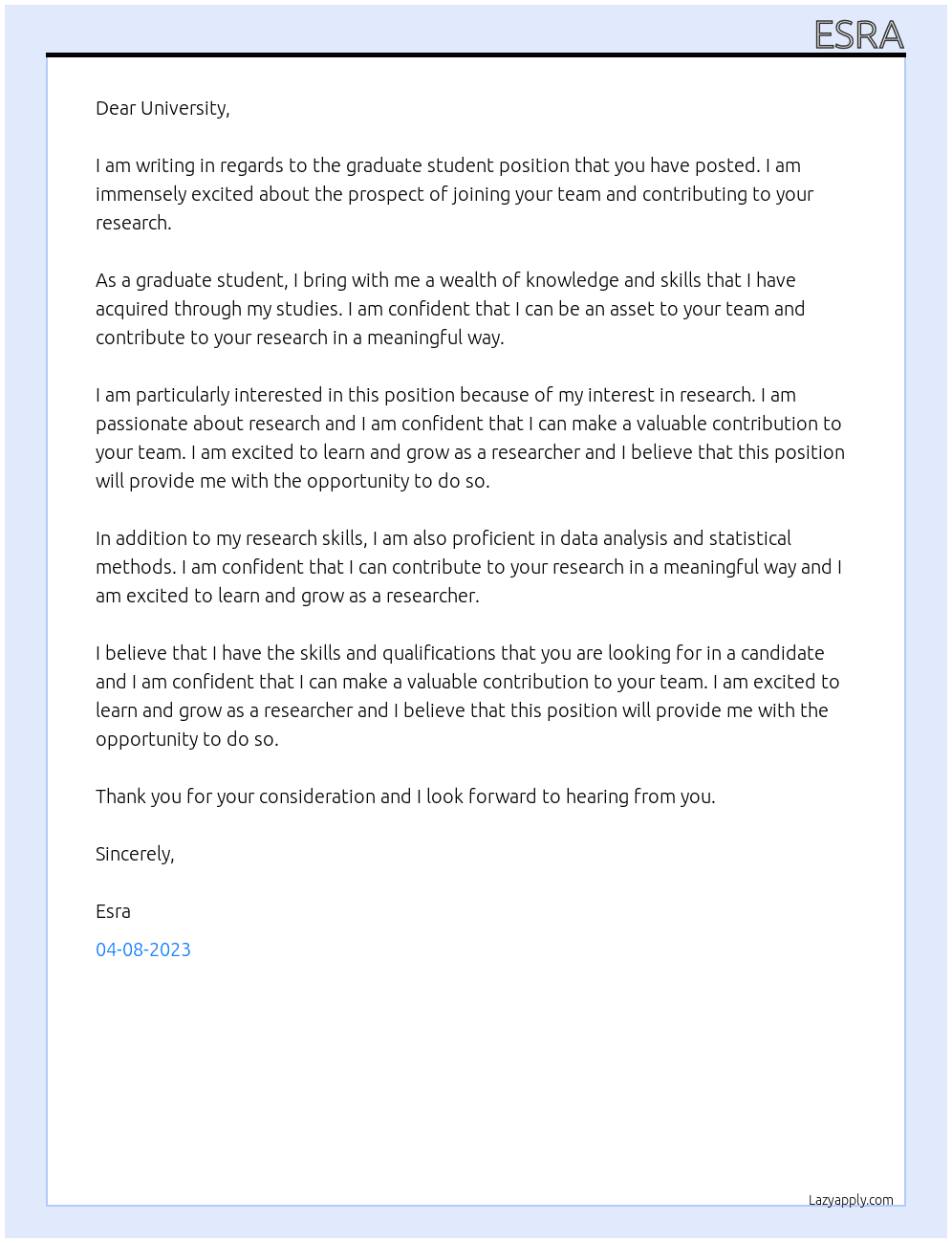  graduate student At University Cover Letter