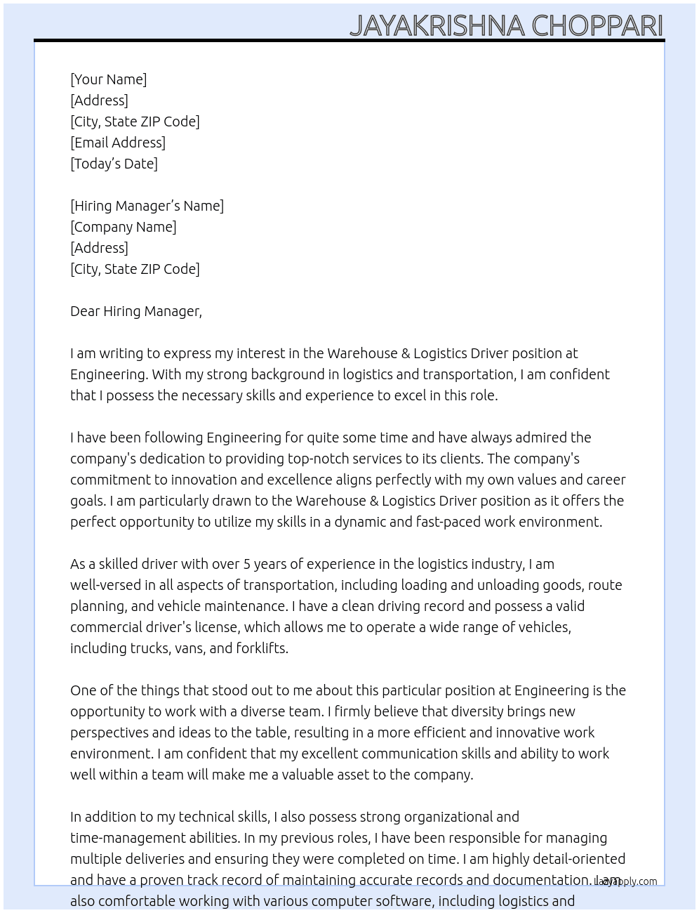 Warehouse & Logistics Driver At Engineering  Cover Letter