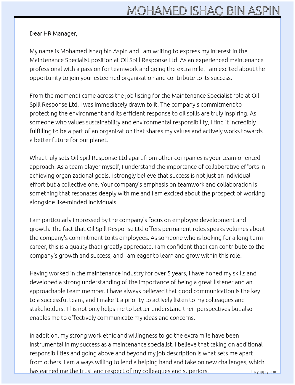 Maintenance specialist At Oil Spill Response Ltd Cover Letter