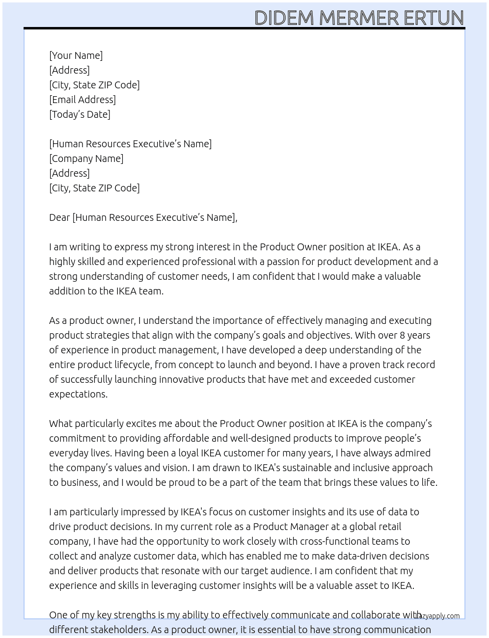 product owner At ikea Cover Letter