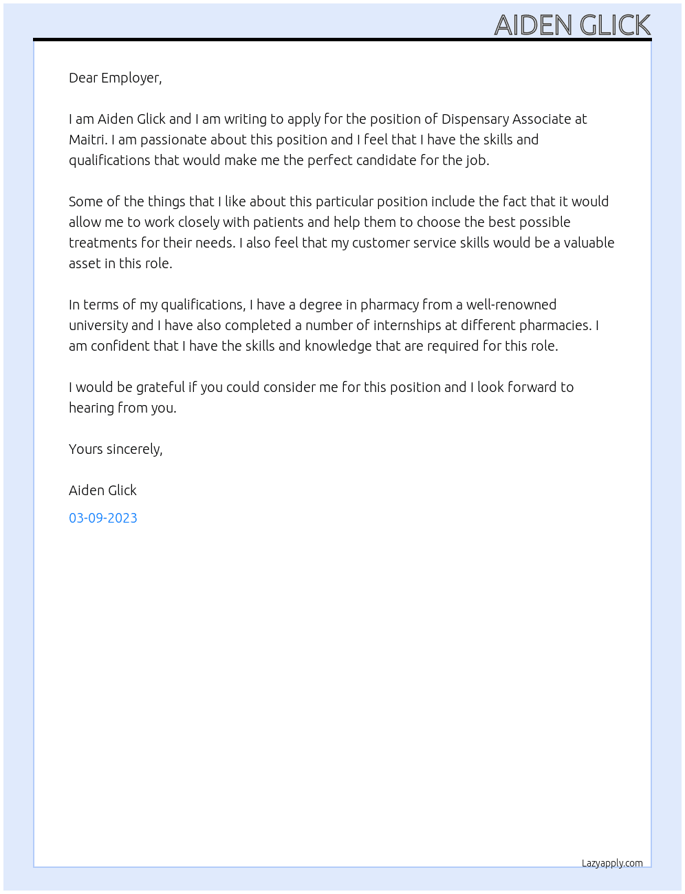 Dispensary associate At Maitri Cover Letter