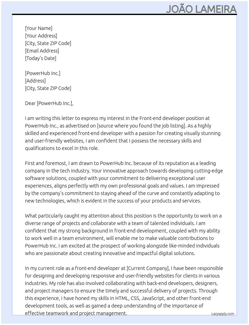Front-end developer At PowerHub Inc.  Cover Letter