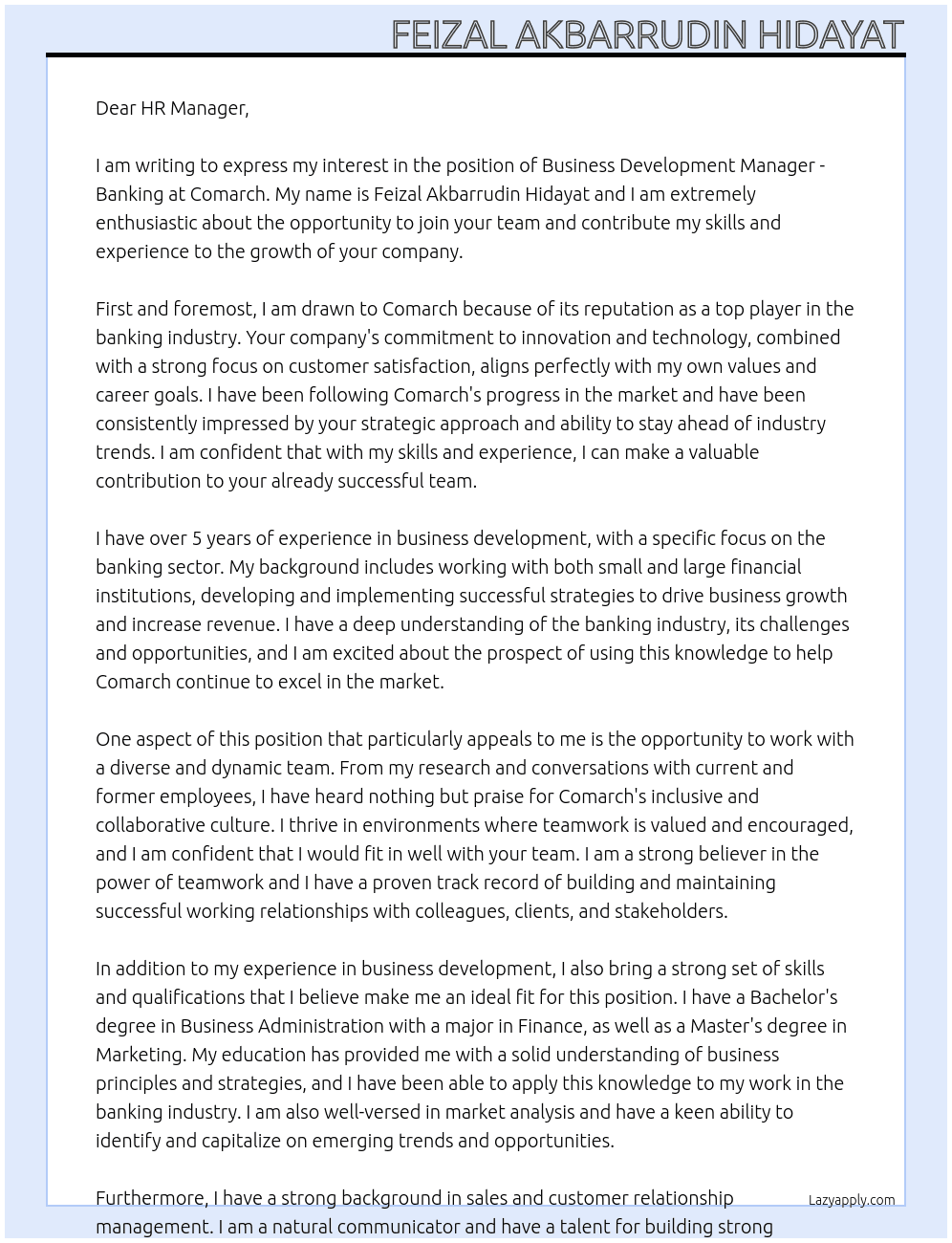 Business Development Manager - Banking At Comarch Cover Letter